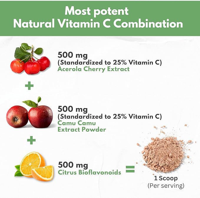 Natural Vitamin C from Acerola Cherry & Camu Camu Powder - High Absorption with Citrus Bioflavonoids - Immune System & Collagen Booster - Anti Aging Skin Vitamins Made in USA 90 servings