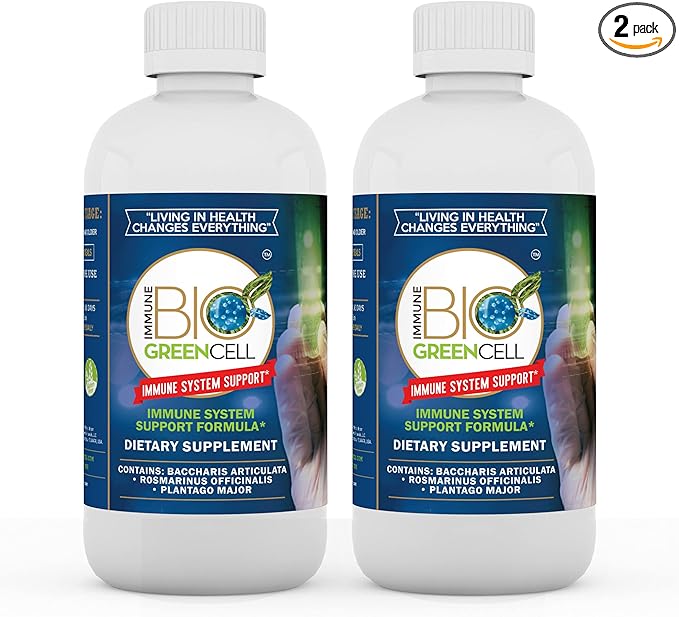 Immune Bio Green Cell - 8 oz, 2 Pack - Immune System Support - Includes Vitamin C, Carqueja, Rosemary & Broadleaf Plantain - Non-GMO, Vegan & Gluten Free - 240 Total 2mL Servings