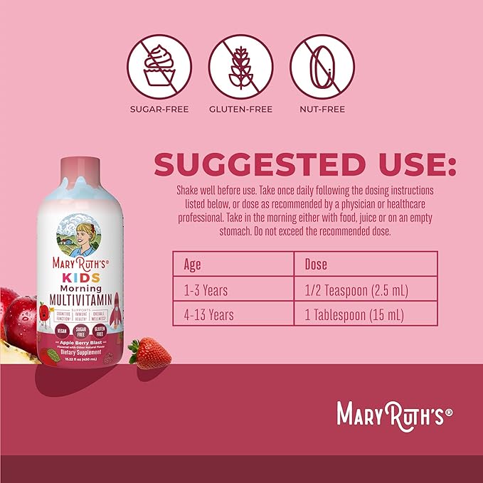 Kids Liquid Morning Multivitamin by MaryRuth's | Kids Multivitamin | Immune Support Supplement | Multivitamin for Kids | Vitamin C | Vitamin D | Essential Nutrients | Vegan | 15.22 fl oz