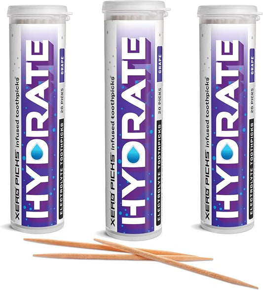 Xero Picks Hydrate - Electrolyte Flavored Toothpicks -60 Picks-Variety 3 Pack - Grape - Sodium, Potasium, Magnesium, Calcium