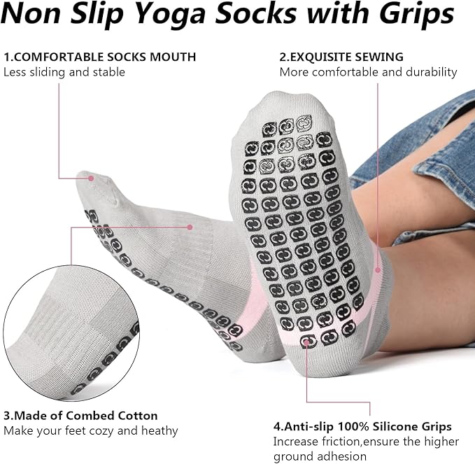 Jspupifip 4 Pairs Non Slip Yoga Socks with Grips for Women Men Pilates Grippy Socks Cotton Barre Hospital Home