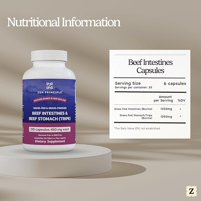 Zen Principle Grass Fed Beef Intestines with Stomach (Tripe) Supplement, Supports Digestive Health and Gut Balance, Supports Acid Reflux Balance, Natural Intestine Wellness, 2-Pack, 420 Capsules.