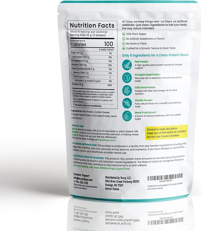 TOZZY Plant Protein – Vanilla | Only 5 Simple Ingredients | 20g Protein, 0g Sugar | Vegan Pea Protein