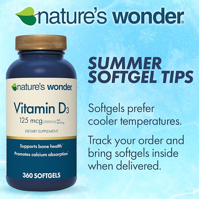 Nature's Wonder Vitamin D3 5000iu (125mcg) High Potency, Dietary Supplement to Support Bone Health and Immune System, Gluten Free, 360 Softgels, 1 Year Supply