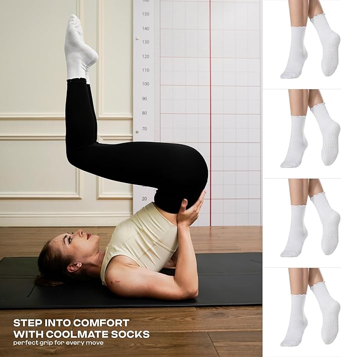 CoolMate 2/3/4 Pairs Pilates Socks with Grips for Women, Cute Yoga Socks, Crew Non Slip Women for Barre, Pilates Gifts