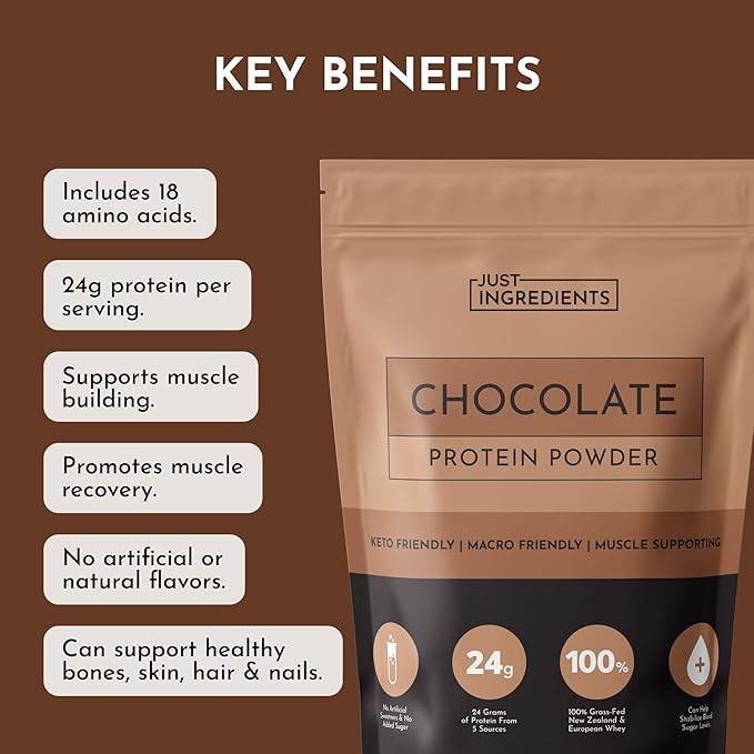 JUST INGREDIENTS Chocolate Protein Powder – 20-Serving Blend with 100% Grass-Fed Whey & Organic Plant Proteins – Rich Cocoa Flavor – Supports Muscle Recovery, Energy*