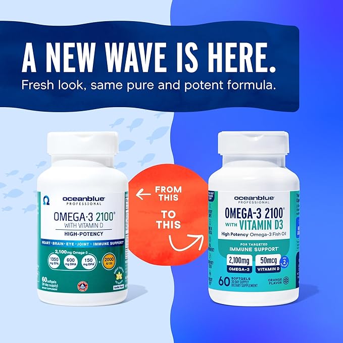 Oceanblue Professional Omega-3 2100 with Vitamin D3 – 120 ct – Triple Strength Burpless Fish Oil Supplement with High-Potency EPA, DHA, DPA and Vitamin D3 – Wild-Caught – Orange Flavor (60 Servings)