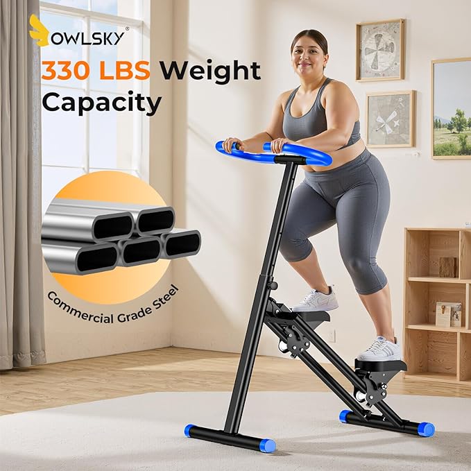 OWLSKY Squat Rowing Machine for Home Workout, Foldable Squat Assist & Row Trainer with LCD Monitor, 3 Resistance Bands, Adjustable Seat, Heavy Duty 350 lbs, Full-Body Fitness Equipment