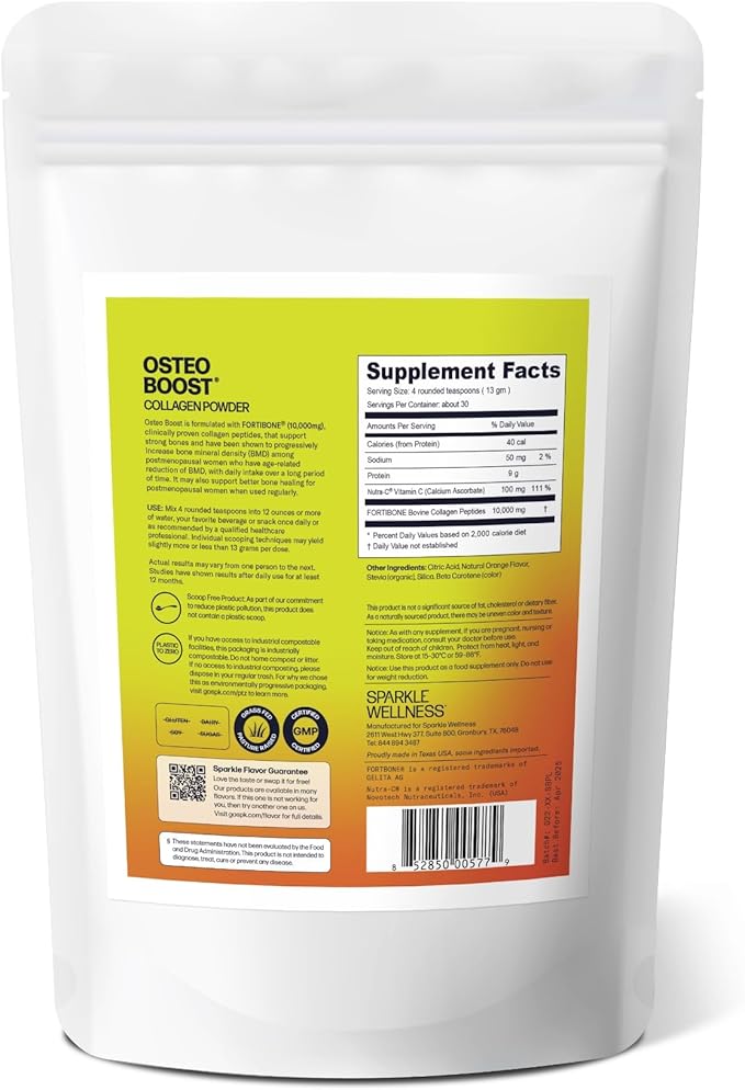Sparkle Wellness Osteo Boost (Orange) [30 Serves] | Collagen Powder Supplement | FORTIBONE Bioactive Collagen Peptides and Buffered Vitamin C Nutra C | Bone Supplements