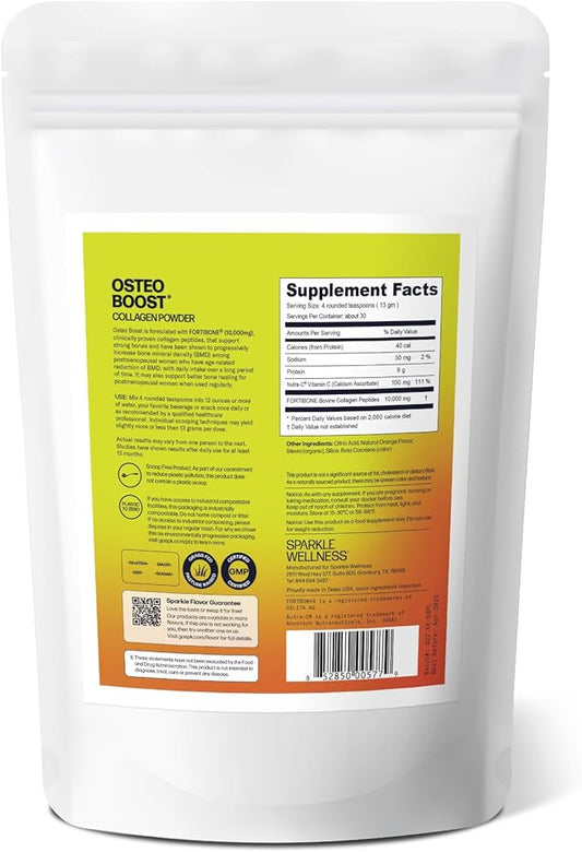 Sparkle Wellness Osteo Boost (Orange) [30 Serves] | Collagen Powder Supplement | FORTIBONE Bioactive Collagen Peptides and Buffered Vitamin C Nutra C | Bone Supplements