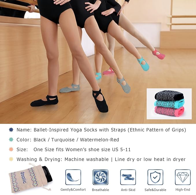 Ozaiic Yoga Socks for Women Non-Slip Grips & Straps, Ideal for Pilates, Pure Barre, Ballet, Dance, Barefoot Workout