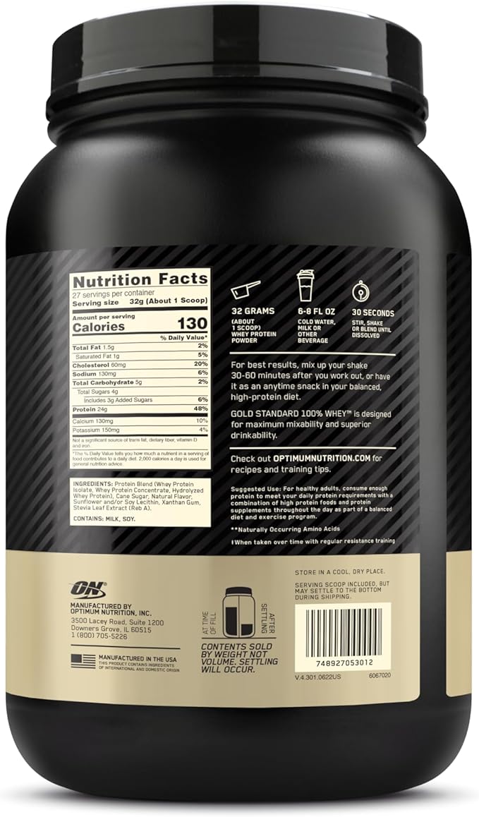 Optimum Nutrition Gold Standard 100% Whey Naturally Flavored Protein Powder, Vanilla, 1.9 Pound (Packaging May Vary)