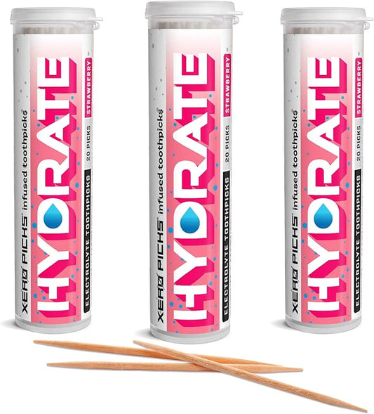 Xero Picks Hydrate - Electrolyte Flavored Toothpicks -60 Picks-Variety 3 Pack - Strawberry - Sodium, Potasium, Magnesium, Calcium
