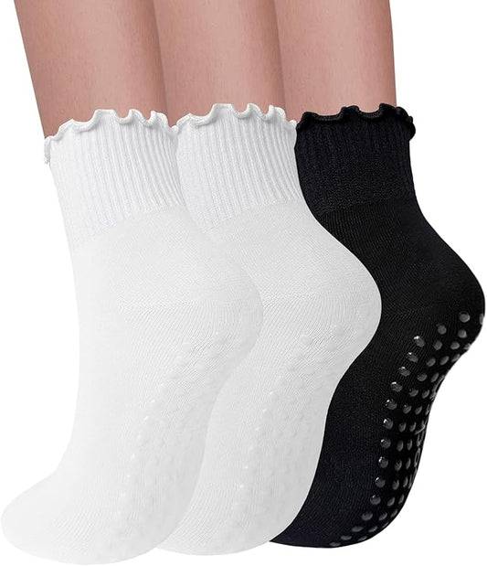 3 Pairs Pilates Socks with Grips for Women Non Slip Grip Ruffle Yoga Ankle Grippy Socks
