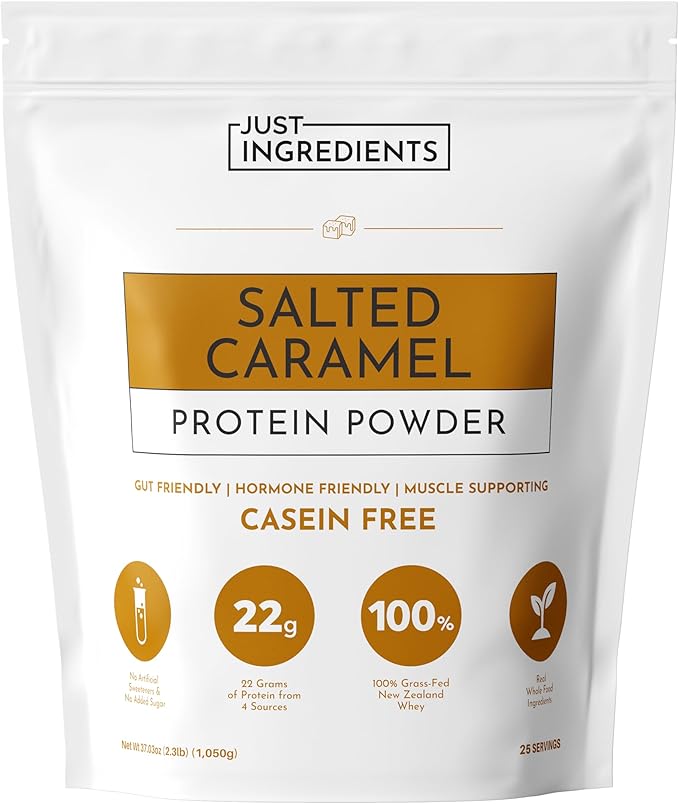 JUST INGREDIENTS Salted Caramel Protein Powder – 30-Serving Blend with 100% Grass-Fed Whey & Organic Plant Proteins – Naturally Flavored – Supports Muscle Recovery, Energy *