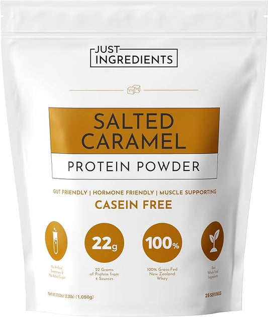 JUST INGREDIENTS Salted Caramel Protein Powder – 30-Serving Blend with 100% Grass-Fed Whey & Organic Plant Proteins – Naturally Flavored – Supports Muscle Recovery, Energy *
