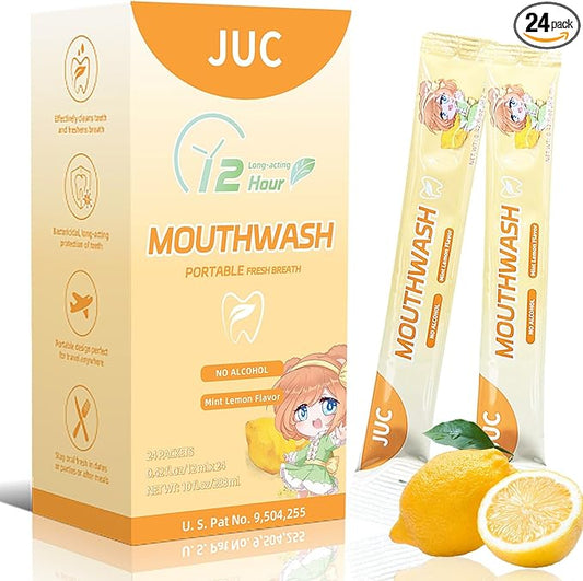 Travel Size Mouthwash, 24 Pack Portable Lemon Flavored, 12ml per Pack, Alcohol-Free, Natural Ingredients, Fresh Breath for Travel, Work & On-The-Go