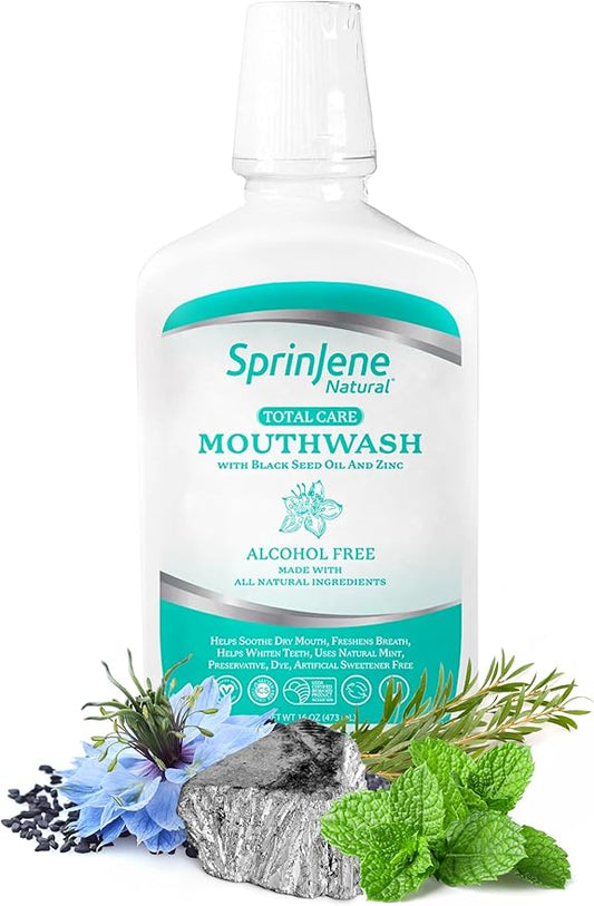 SprinJene Fluoride Free Mouthwash, Alcohol Free for Fresh Breath Gum Health Dry Mouth Whitening Teeth w/Black Seed Oil, Zinc, Xylitol - All Natural Vegan Gluten Free Kosher Halal SLS Free & Non Toxic