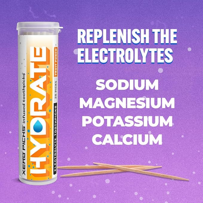 Xero Picks Hydrate - Electrolyte Flavored Toothpicks -60 Picks-Variety 3 Pack - Fruit Punch - Sodium, Potasium, Magnesium, Calcium
