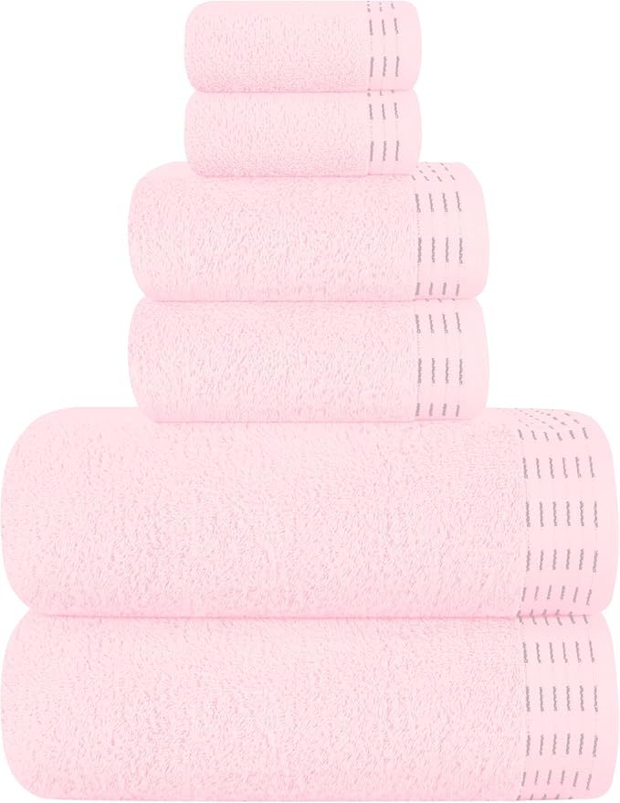 Ultra Soft 6 Pack Cotton Towel Set, Contains 2 Bath Towels 28x55 inch, 2 Hand Towels 16x24 inch & 2 Wash Coths 12x12 inch, Ideal Everyday use, Compact & Lightweight - Pink