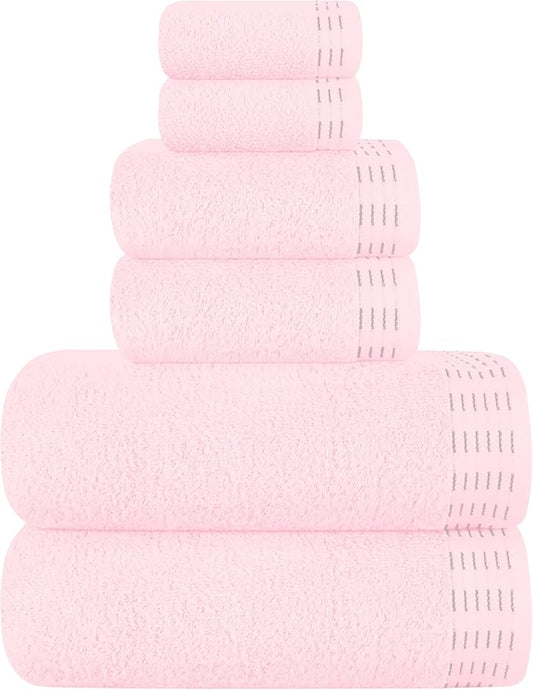 Ultra Soft 6 Pack Cotton Towel Set, Contains 2 Bath Towels 28x55 inch, 2 Hand Towels 16x24 inch & 2 Wash Coths 12x12 inch, Ideal Everyday use, Compact & Lightweight - Pink