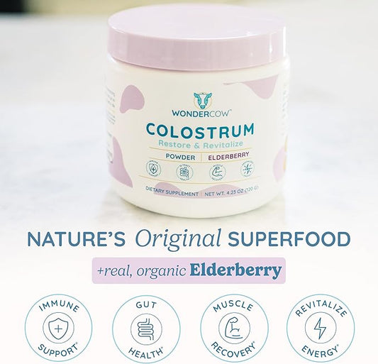 WONDERCOW Colostrum Supplement Powder for Gut Health, Immune Support, Muscle Recovery & Wellness | Natural IgG Pure Whole Bovine Colostrum Superfood, Elderberry, 60 Servings