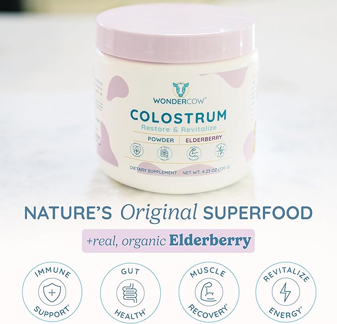 WONDERCOW Colostrum Supplement Powder for Gut Health, Immune Support, Muscle Recovery & Wellness | Natural IgG Pure Whole Bovine Colostrum Superfood, Elderberry, 60 Servings