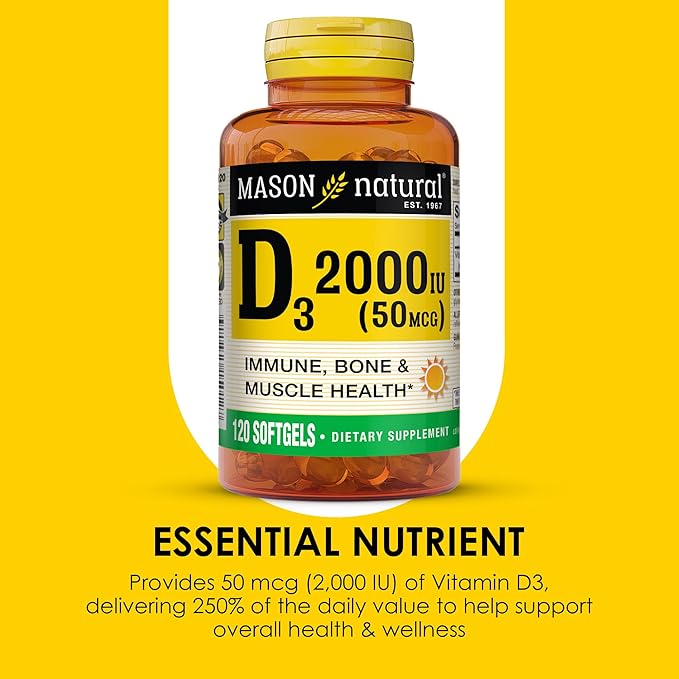 MASON NATURAL Vitamin D3 2,000 IU Ultra Strength, Supports Bone Density, Strength & Immune Health, 120 Softgels