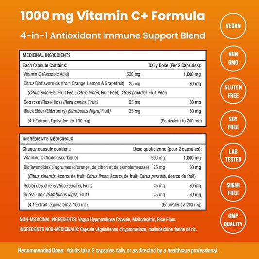 NutraChamps Vitamin C 1000mg with Rose HIPS, Vitamin C Supplement with Elderberry & Citrus Bioflavonoids, Kids Immune Boosting Supplement, 500mg Capsules Pill