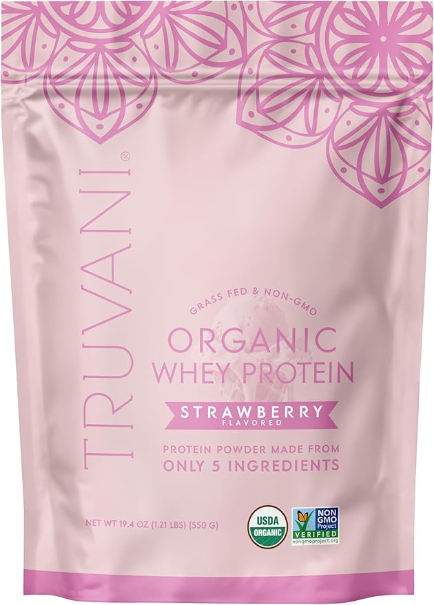 Truvani Organic Whey Protein Powder | Strawberry | 20g Grass Fed Whey Protein | 20 Servings | USDA Organic & Non-GMO | Gluten Free | No Gums, No Soy, No Stevia, No Added Sugars