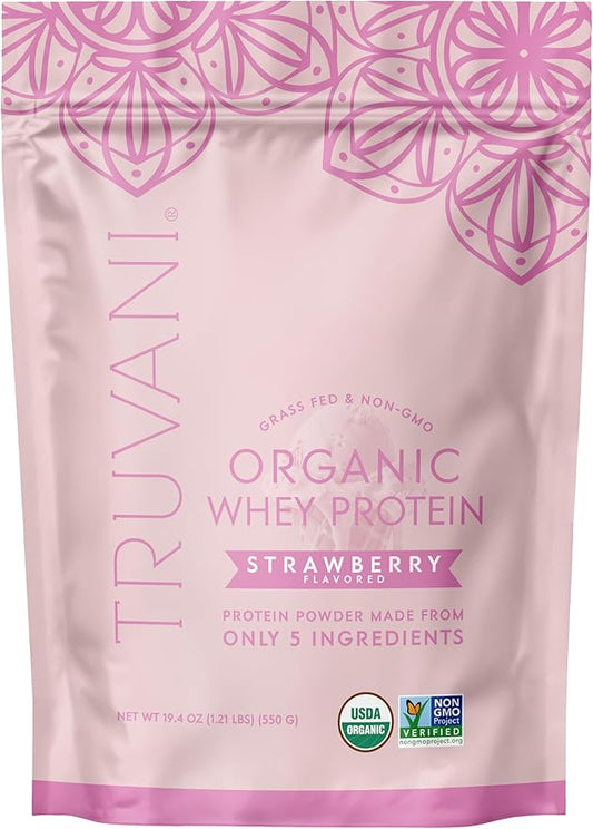 Truvani Organic Whey Protein Powder | Strawberry | 20g Grass Fed Whey Protein | 20 Servings | USDA Organic & Non-GMO | Gluten Free | No Gums, No Soy, No Stevia, No Added Sugars