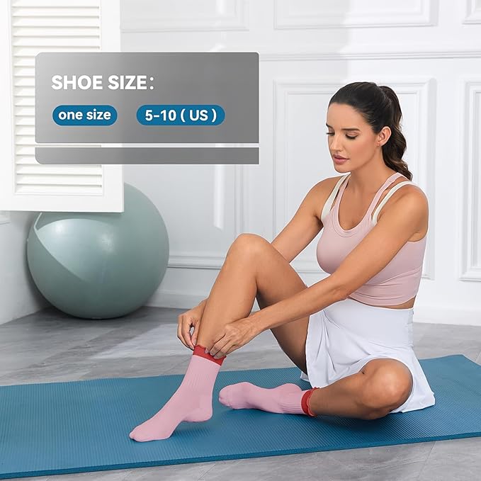 Cute Pilates Socks with Grips for Women Ruffle Cuff Embroidery Non Slip Yoga Socks for Workout, Barre, Pilates Gifts