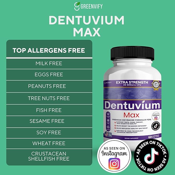 Dentuvium Max Probiotic Supplement - 40 Billion CFU - Supports Teeth Gums Throat Digestive Health - Gluten Free Sugar Free Non-GMO - 60 Capsules (1)