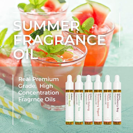 Benatu Summer Premium Fragrance Oils Set for Diffuser, Candle, Soap Making - Fruity Scents Aromatherapy Perfume Oil Gift for Home (Lime Basil, Cucumber, Peach, Strawberry, Melon, Blackberry Bay) 6 Pcs