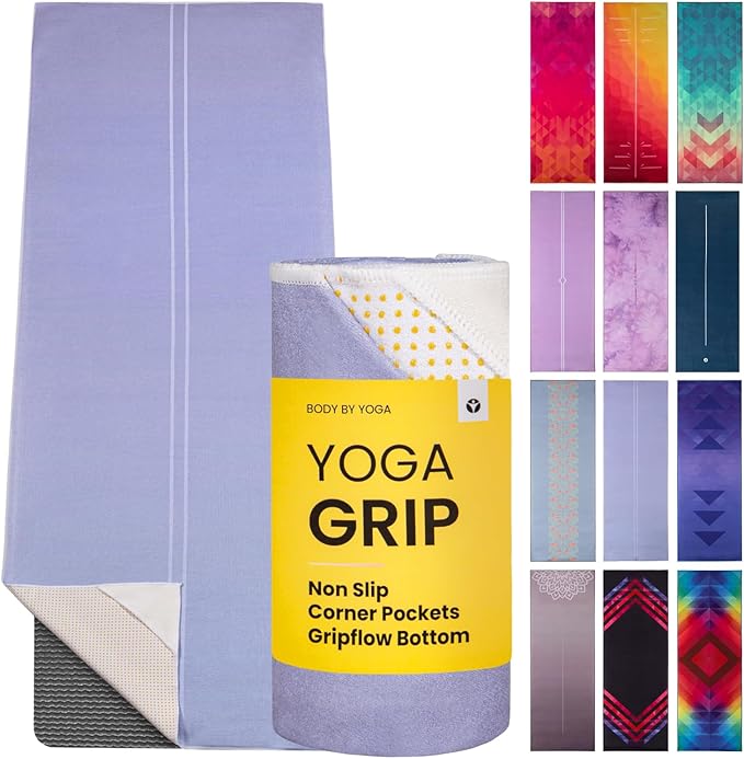 Yoga Grip Yoga Towel - Non Slip Hot Yoga Mat Towel With Corner Pockets, No-Skid Grip, and Built-in Alignment Lines | Soft, Moisture Wicking, and Sweat Absorbent | No Bunching, Stays in Place 72" x 25"
