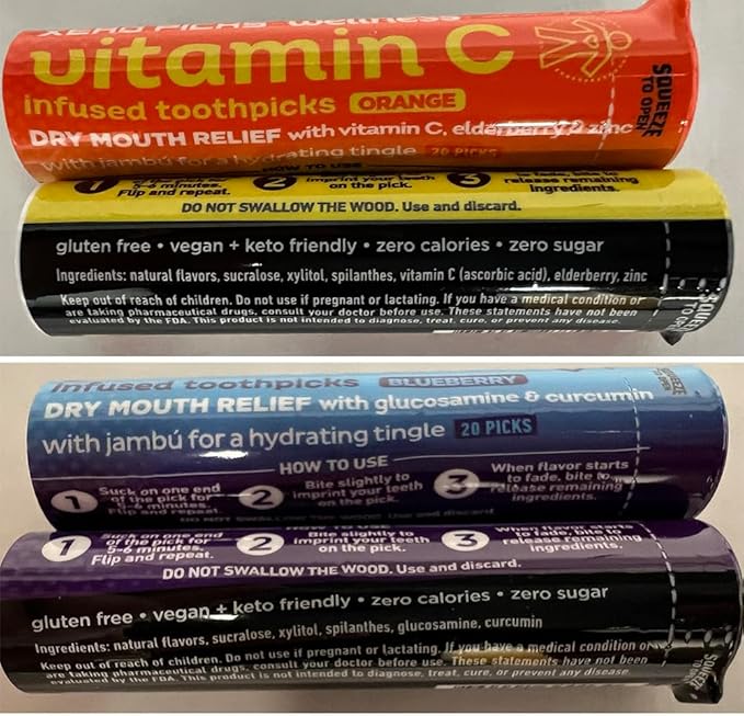 Xero Picks Wellness - Flavored Toothpicks -100 Picks-Variety 5 Pack-Curcumin, Glucosamine, Huperzine, Bacopa, B12, Elderberry, Vitamin C, Zinc, B6, Melatonin, Theanine