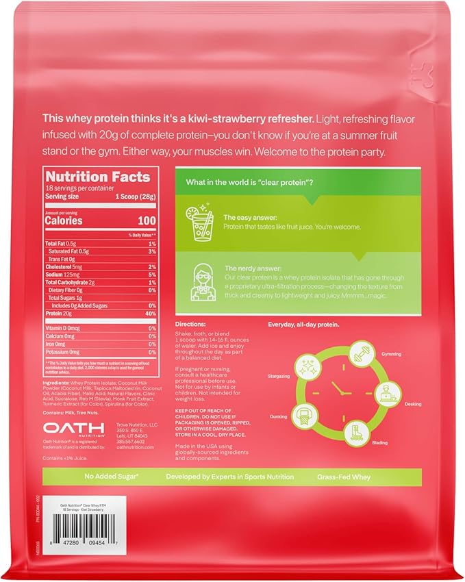 Oath Nutrition Clear Whey Isolate Protein Powder, Kiwi Strawberry, 20g Complete Protein per Serving, No Added Sugar, Grass-Fed, 18 Servings