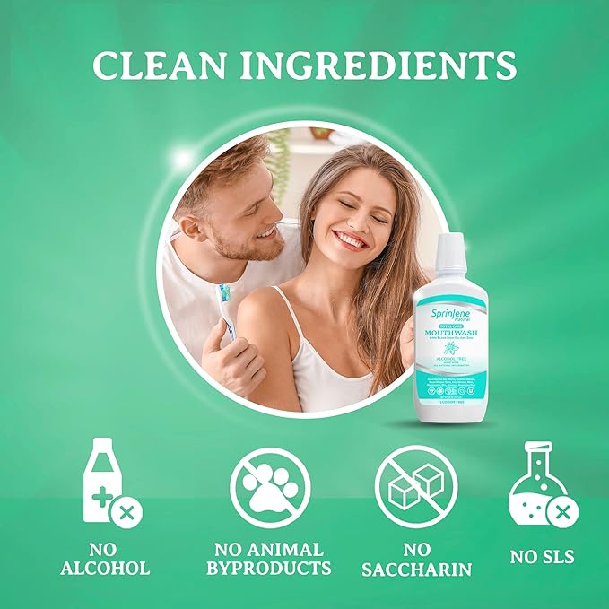 SprinJene Fluoride Free Mouthwash, Alcohol Free for Fresh Breath Gum Health Dry Mouth Whitening Teeth w/Black Seed Oil, Zinc, Xylitol - All Natural Vegan Gluten Free Kosher Halal SLS Free & Non Toxic