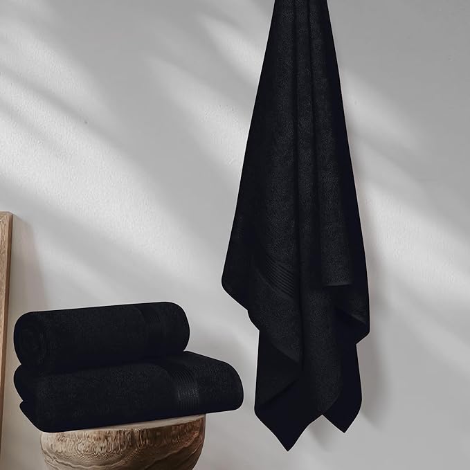 BELZZI Home Ultra Soft 4 Pack Oversized Bath Towel Set 27x54, Cotton Compact Bath Towels, Highly Absorbant Eco-Friendly Quickdry & Lightweight Towel, Ideal for Gym Travel Camp Pool - Black