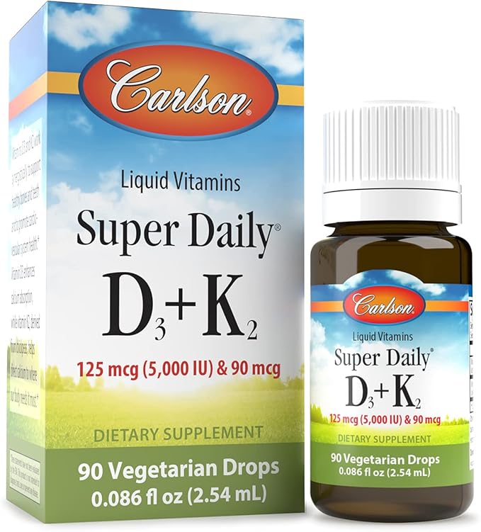 Carlson - Super Daily D3 + K2, 125 mcg (5000 IU) Vitamin D3, 90 mcg Vitamin K2 as MK-7, Bone Support, 90 Liquid Drops (2.54 mL)