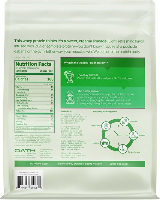 Oath Nutrition Clear Whey Isolate Protein Powder, Brazilian Limeade, 20g Complete Protein per Serving, No Added Sugar, Grass-Fed, 18 Servings