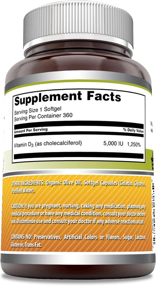 Amazing Formulas Vitamin D3 in Olive Oil 5000 IU Supplement | Softgels | Non-GMO | Gluten-Free | Made in USA (1 Pack | 360 Count)