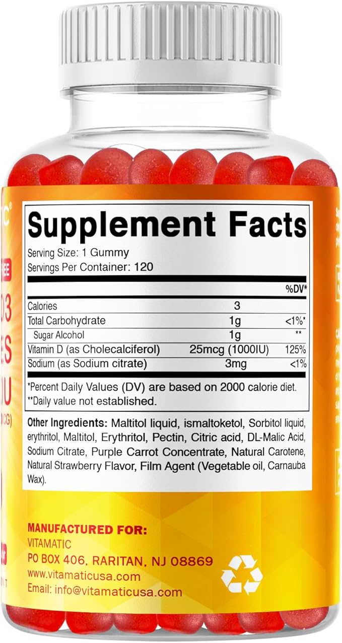 Vitamatic Sugar Free Vitamin D3-120 Pectin Based Gummies - Great Taste - Healthy Bones, Mood & Immune System Function - Non-GMO - 120 Servings (1000 IU)