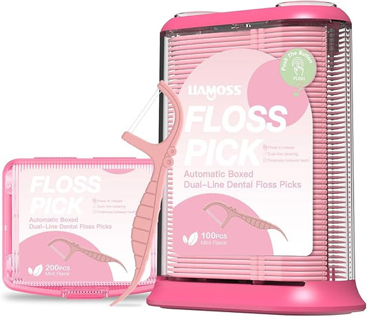 Twin Line Dental Flossers with Floss Picks Dispenser,300 Count LIAMOSS Unbreakable & No-Shred Minty Flavor Toothpicks Sticks,Unique Automatic Intelligent Sealed Storage,More Tidy for Home or Travel