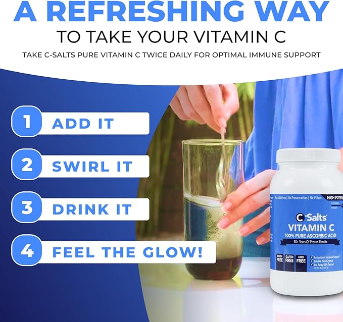 C-Salts Pure Ascorbic Acid Powder - High Dose 100% Pure Vitamin C Powder Supplement for Immune Support - Sugar-Free Powdered Drink with Soluble Fine Crystals, Organic, Corn-Free Non-GMO 8oz