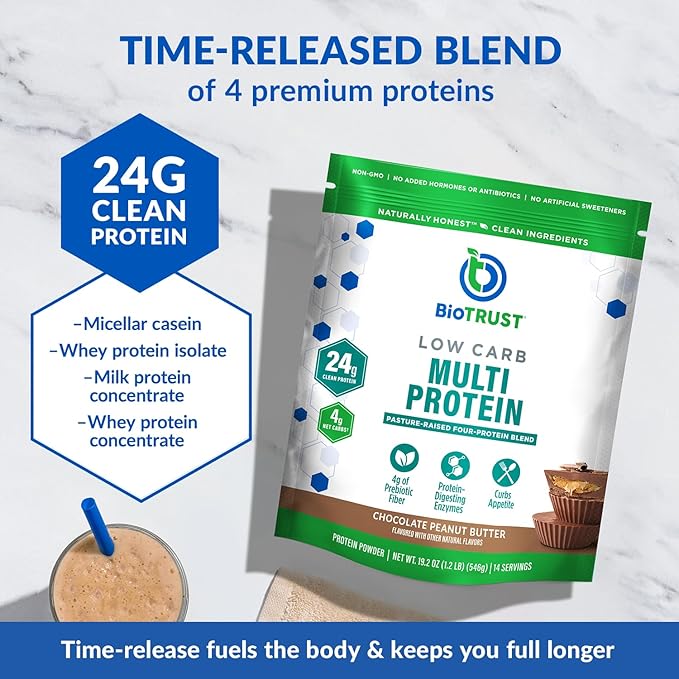 BioTrust Low Carb Protein Powder – Delicious Whey & Casein Blend from Grass-Fed Hormone Free Cows – Non GMO, Gluten Free (Chocolate Peanut Butter)
