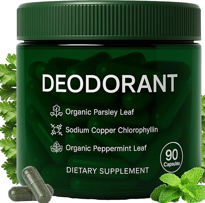 Body Deodorizing Supplement - Mint, Parsley & Chlorophyll Capsules for Body Odor, Bad Breath, Internal Deodorant Chlorophyll Pills for Women & Men, 90 Capsules (1)