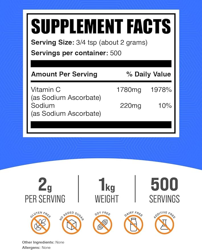 BulkSupplements.com Sodium Ascorbate Powder - for Immune Support, Sodium Ascorbate Vitamin C - Buffered Vitamin C, Gluten Free, 2g per Serving, 1kg (2.2 lbs) (Pack of 1)