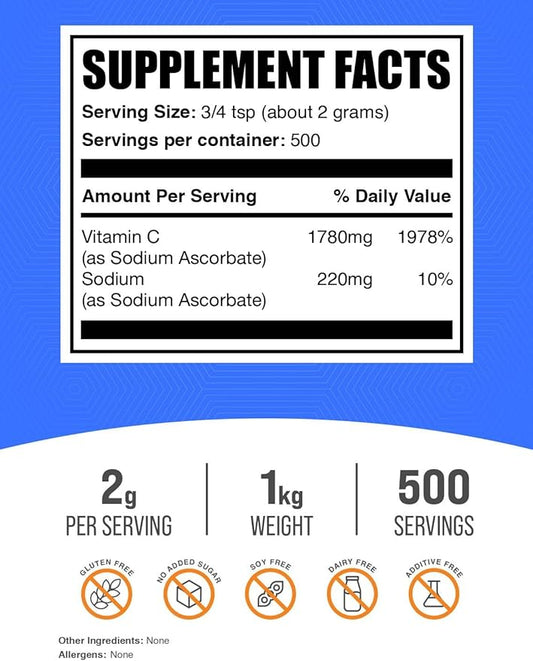 BulkSupplements.com Sodium Ascorbate Powder - for Immune Support, Sodium Ascorbate Vitamin C - Buffered Vitamin C, Gluten Free, 2g per Serving, 1kg (2.2 lbs) (Pack of 1)
