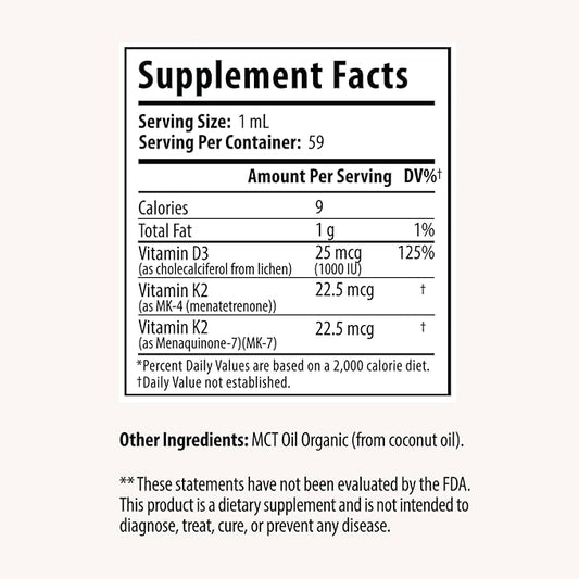 Vitamin D3 + K2 Drops with 1000 IU of Plant Based D3 and 45 mcg of K2, 2 oz Liquid Supplement for Bone Strength, Improved Mood - No Artificial Preservatives, Unflavored, with Coconut MCT Oil